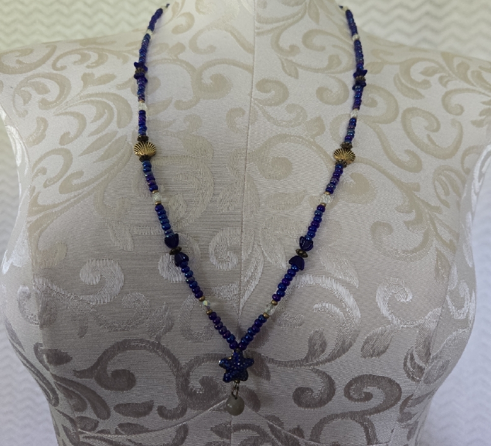 Elegant Blue Star And Sea Shell Beaded Necklace